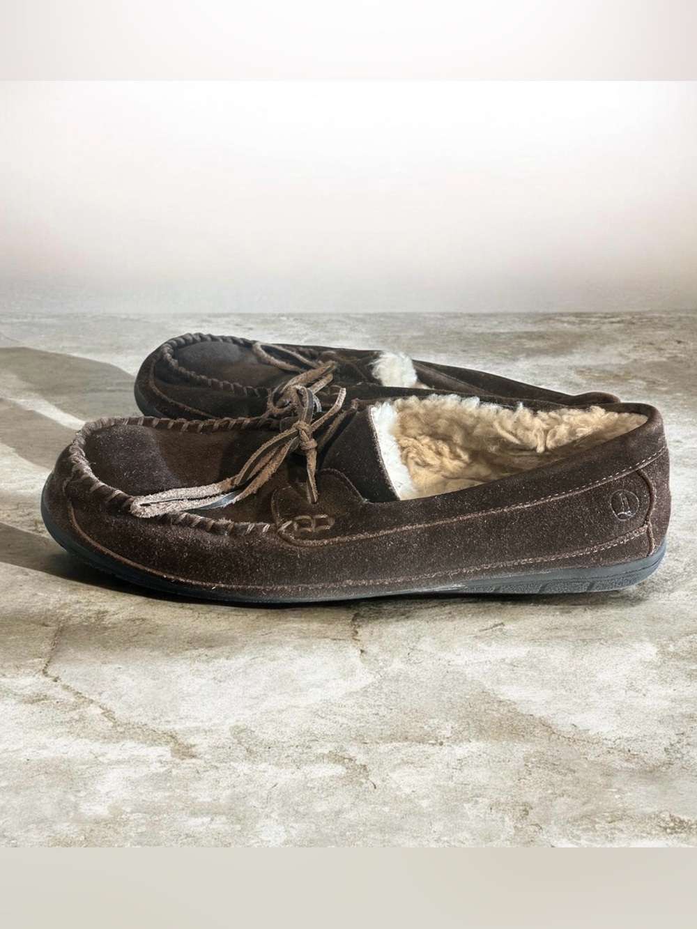 Lands' End Men's Brown Suede Moccasin Slippers Shearling Lined Size 12 D 487500